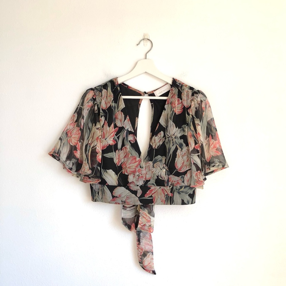 Ooberswank Black / Orange Boho Floral Keyhole Tie Back Crop Top Size Medium
